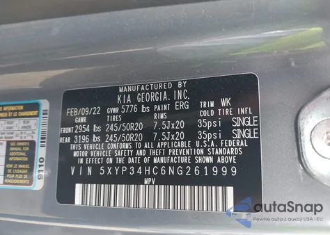 2022 Kia Telluride Ex z USA, uszkodzony, nr VIN 5XYP34HC6NG261999